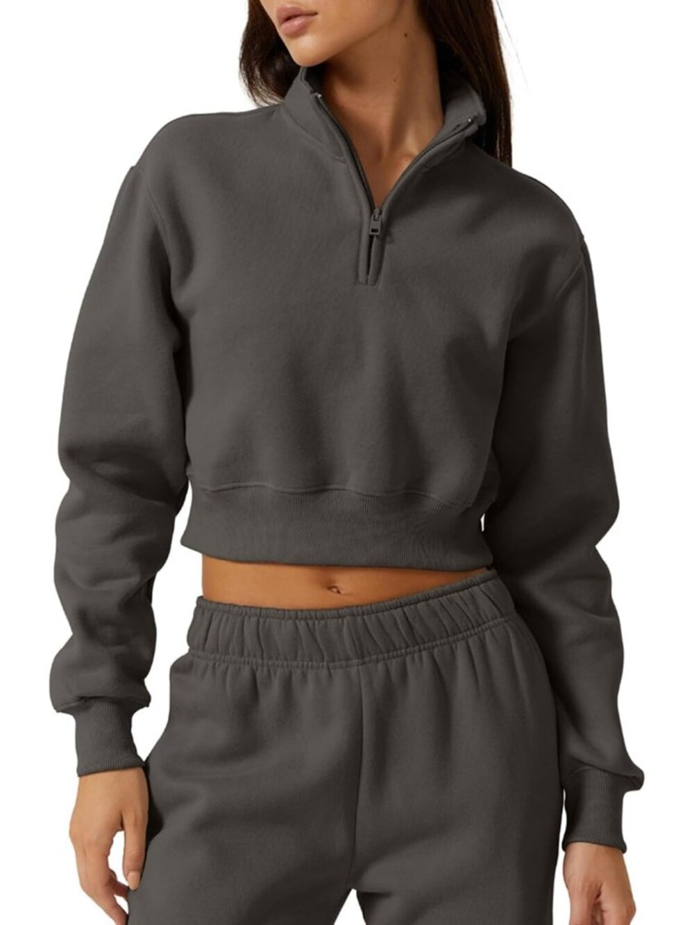 Women’s Charcoal Grey High Neck Long Sleeve Cropped Half Zip Top Sweatshirt